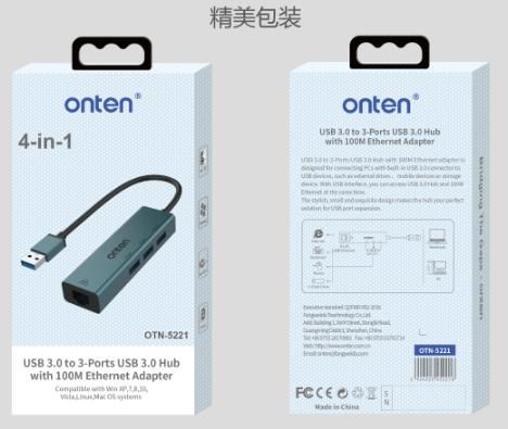 ONTEN OTN-5221 USB 3.0 to 3-Port Hub with Fast Ethernet Adapter