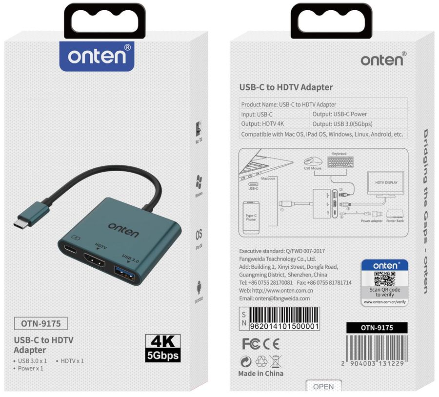 ONTEN OTN-9175 3-in-1 USB-C to MHDMI(4K30hz)+USB3.0