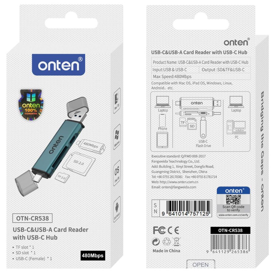ONTEN OTN-CR538 3-in-2 USB-A &USB-C SD2.0 /TF2.0 Card Reader with USB-C 2.0 hub USB-A &USB-C SD2.0+TF2.0
