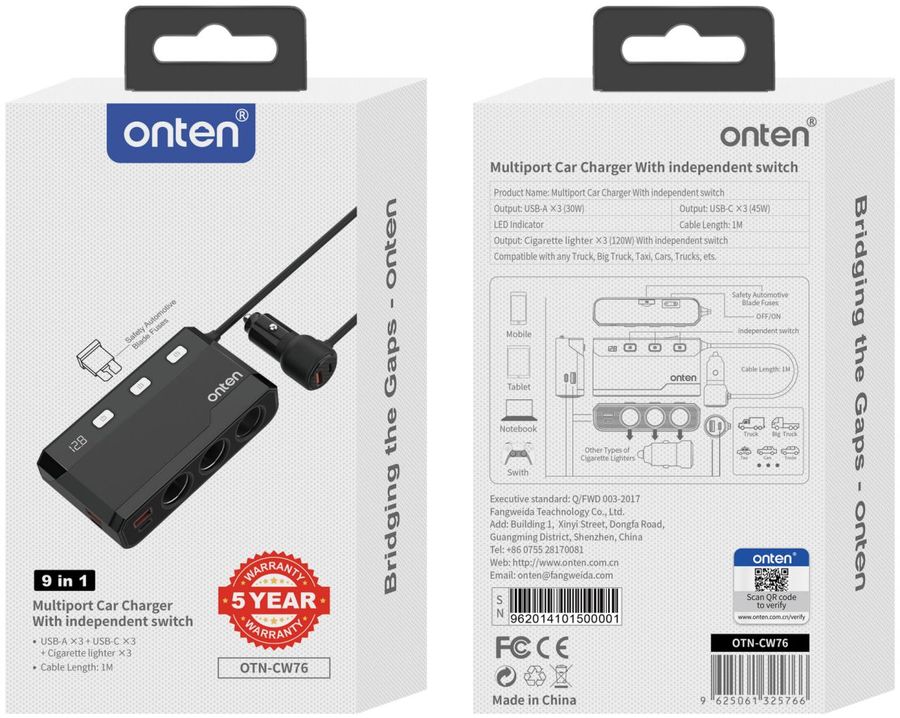 ONTEN OTN-CW76 9-in-1 Multiport Car Charger With independent switch