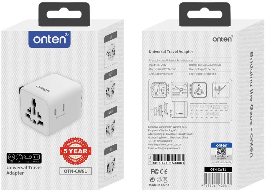 ONTEN OTN-CW81 Universal Travel Adapter 100-250VAC/10A