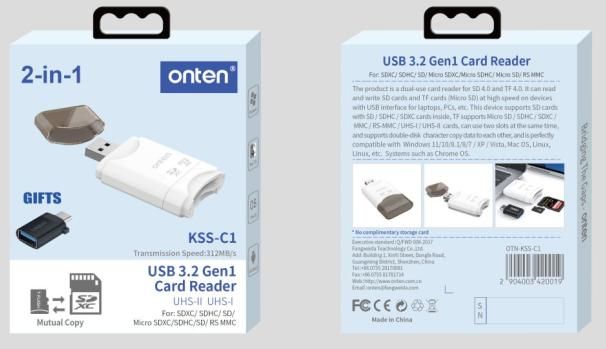 ONTEN OTN-KSS 2-in-1 USB 3.2 Gen1 (SD 4.0/TF 4.0)Card Reader USB 3.2 Gen1 2-in-1(SD 4.0+TF 4.0)