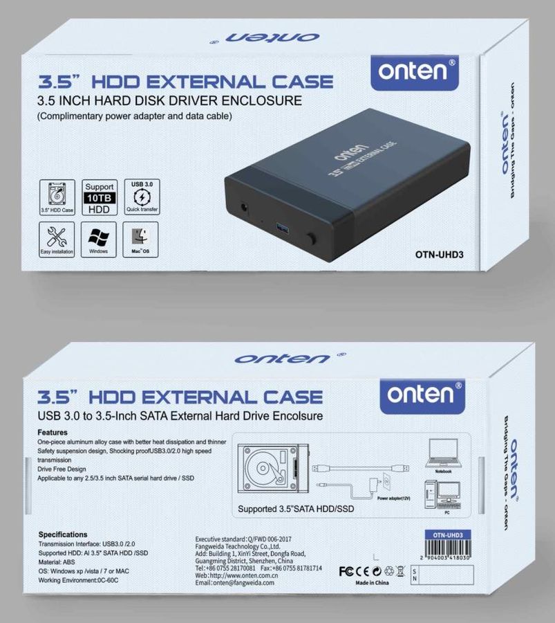 ONTEN OTN-UHD3 3.5 inch External Hard Drive Box HDD (Complimentary Data cable and Power adapter) 3.5